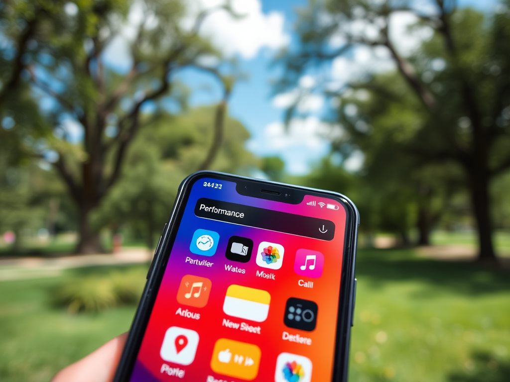 A close-up of a smartphone displaying various app icons outdoors with green trees and a blue sky in the background.