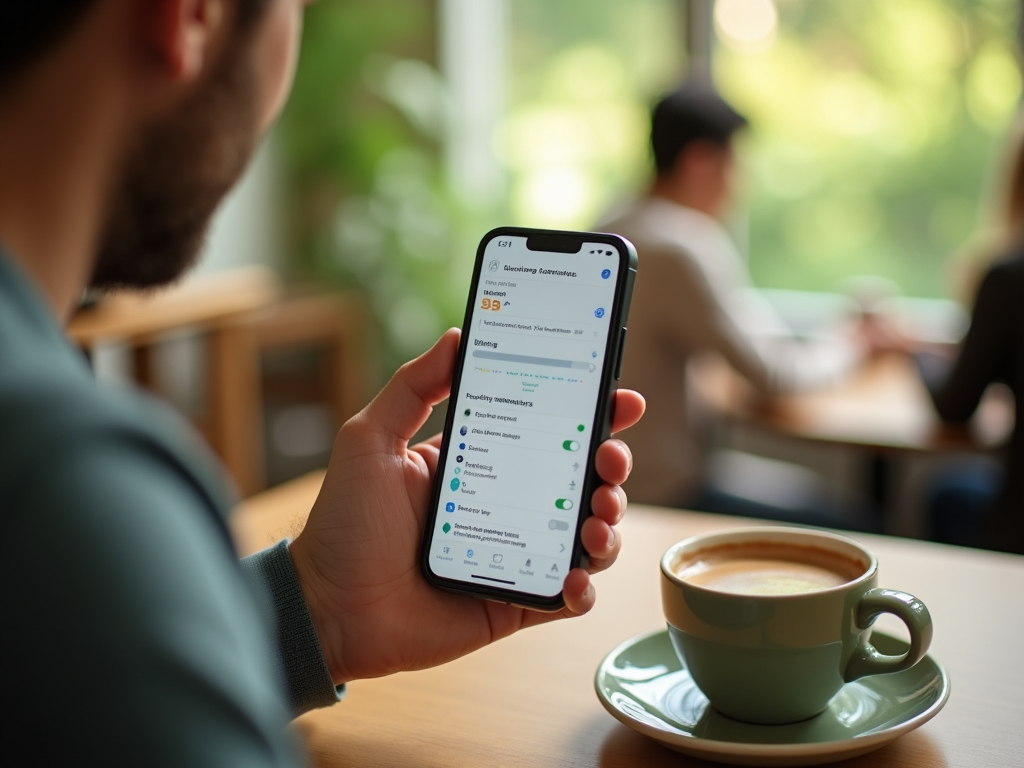 Man checking weather app on smartphone with a coffee cup on table in a cafe.