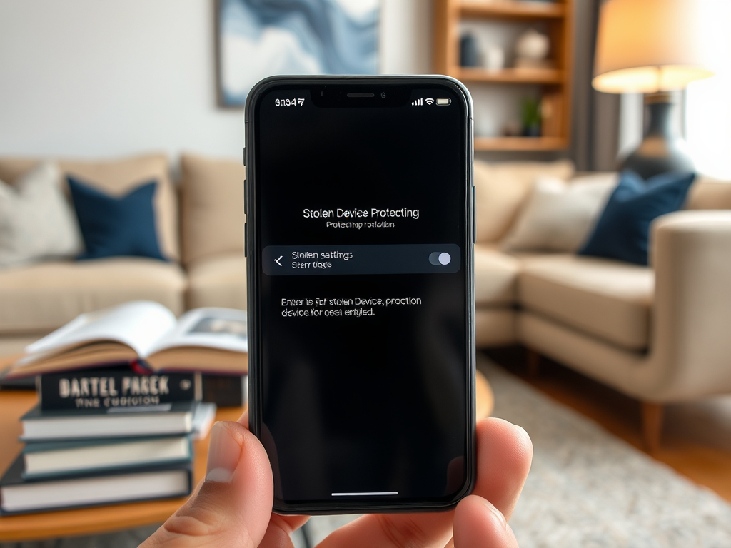 A person holds a smartphone displaying "Stolen Device Protecting" settings in a cozy living room.