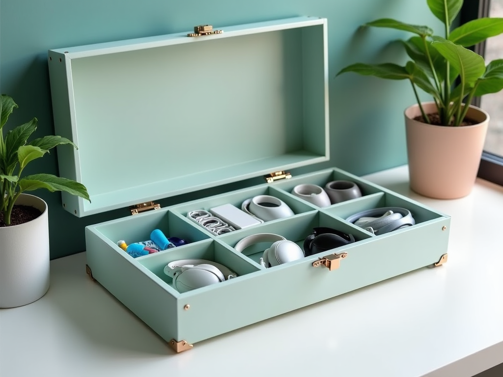 Light teal organizer box with compartments containing various gadgets, next to a green plant.