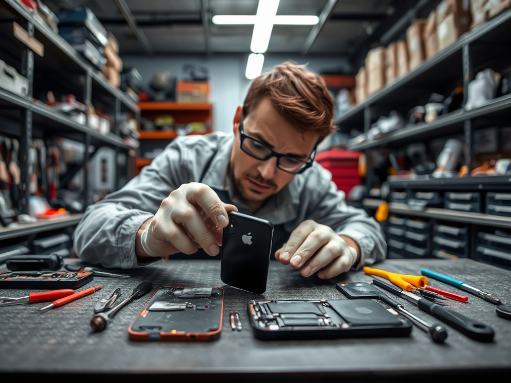 A technician repairs smartphones at a cluttered workbench with various tools and devices spread out.