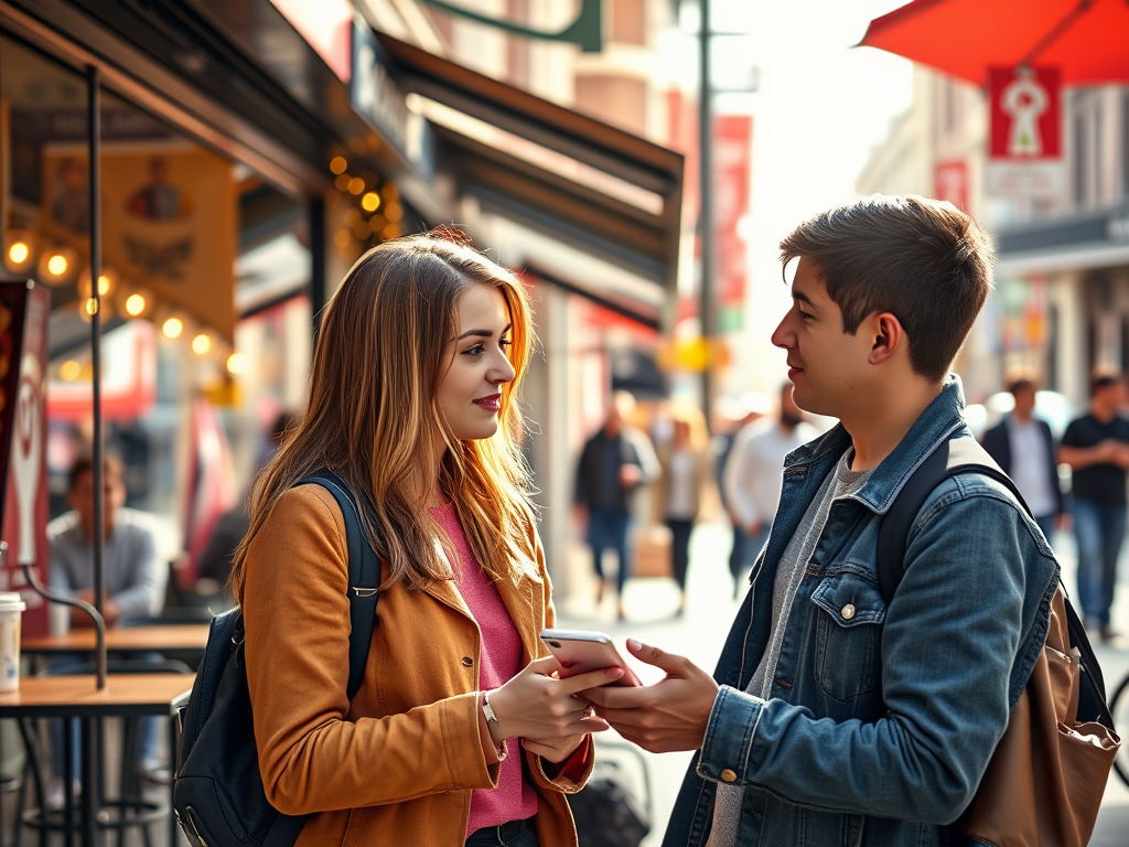 A young couple stands outdoors, engaged in conversation while looking at a phone in a bustling city street.