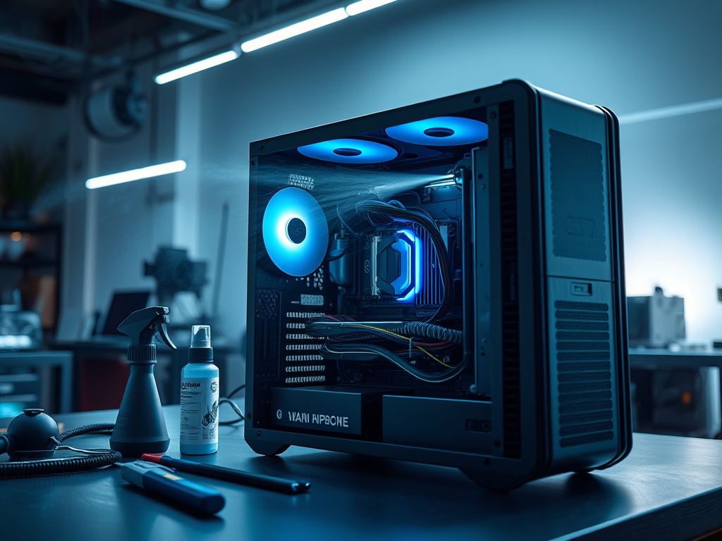 A close-up of a PC case with blue LED fans, surrounded by cleaning products on a workspace.