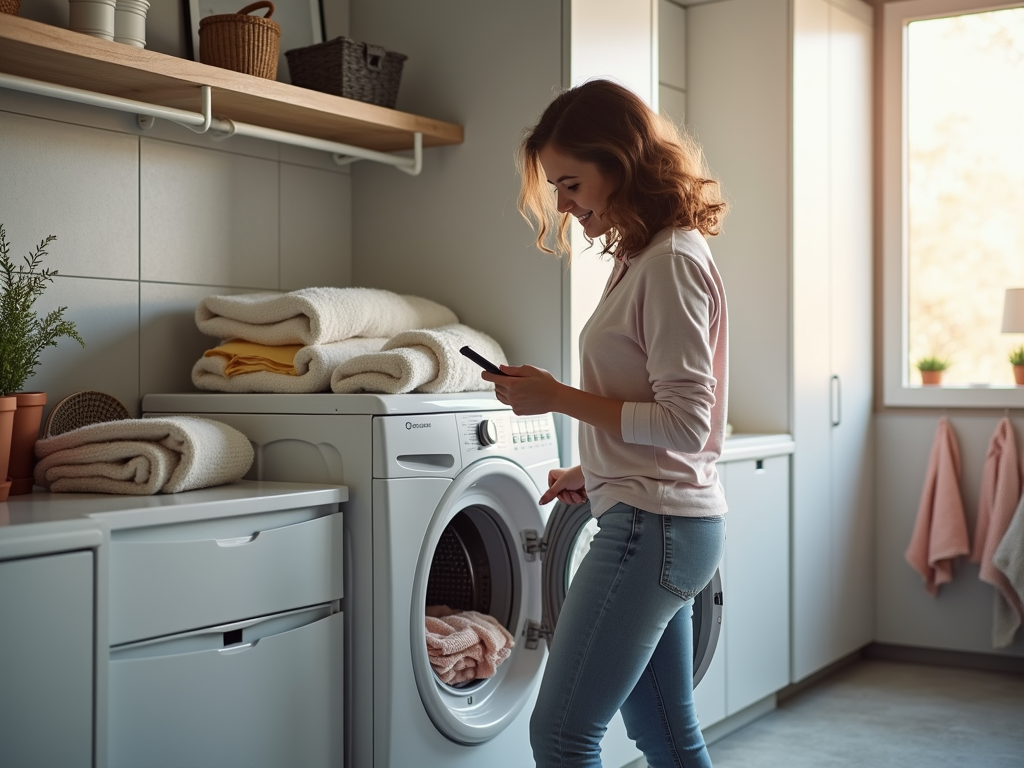 Woman using smartphone in a laundry room with washing machine and shelves stocked with towels.