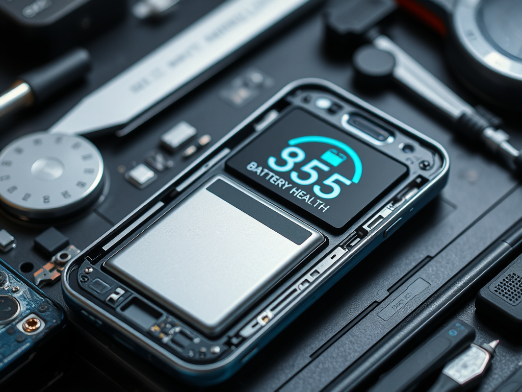 A disassembled smartphone displays a battery health indicator showing 955, surrounded by tools and components.