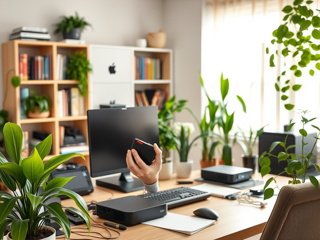 A hand holding a smartphone in a bright, green-filled office with a computer and bookshelves in the background.