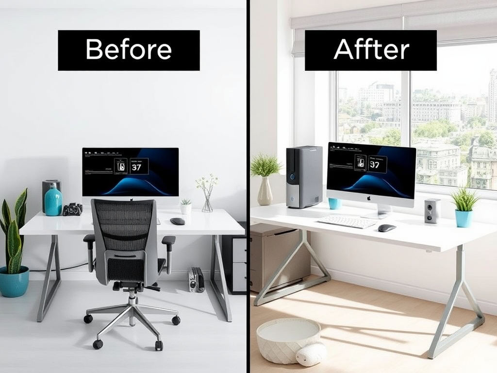 Comparison of a workspace: the "Before" side shows a cluttered desk, while the "After" side is organized and bright.