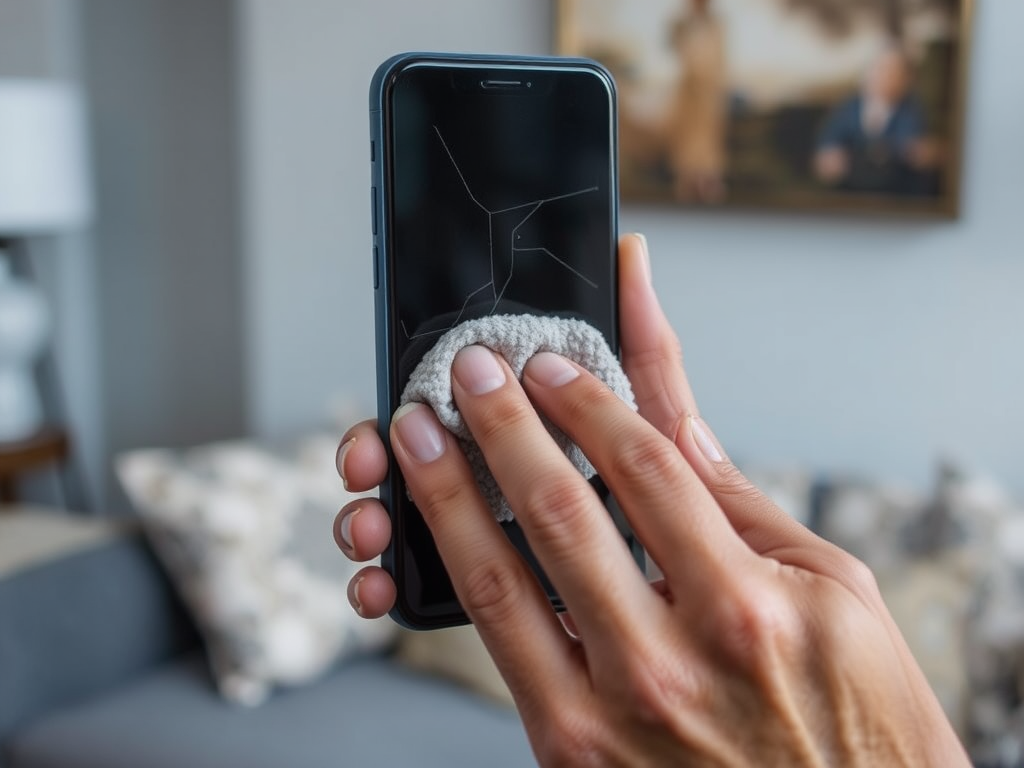 A person is cleaning a cracked smartphone screen with a cloth in a cozy living room setting.