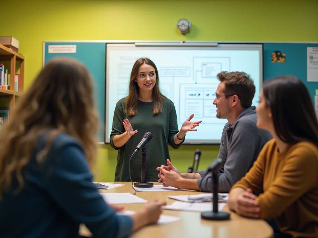 Young woman presenting at a meeting with colleagues in a conference room.