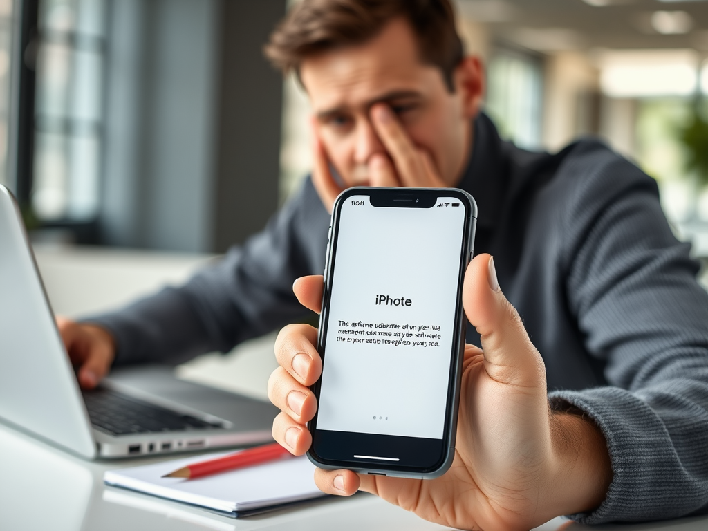 A man looks frustrated while holding a phone displaying the iPhoto app, with a laptop in the background.