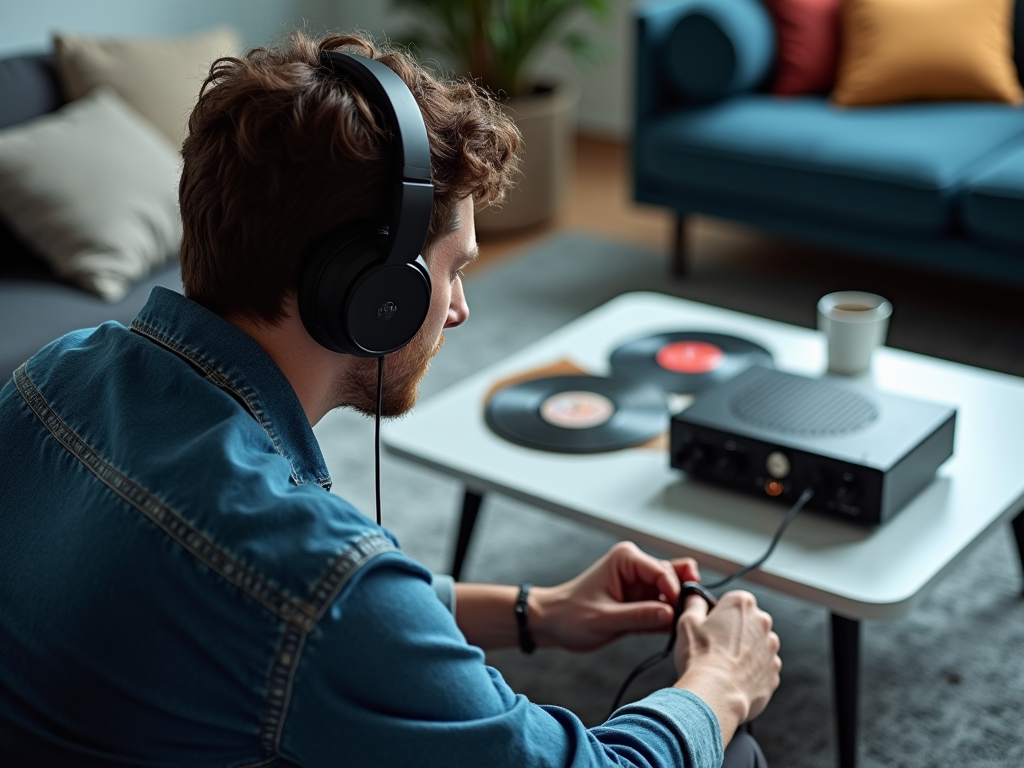 Man with headphones adjusting a vinyl player in a cozy living room.