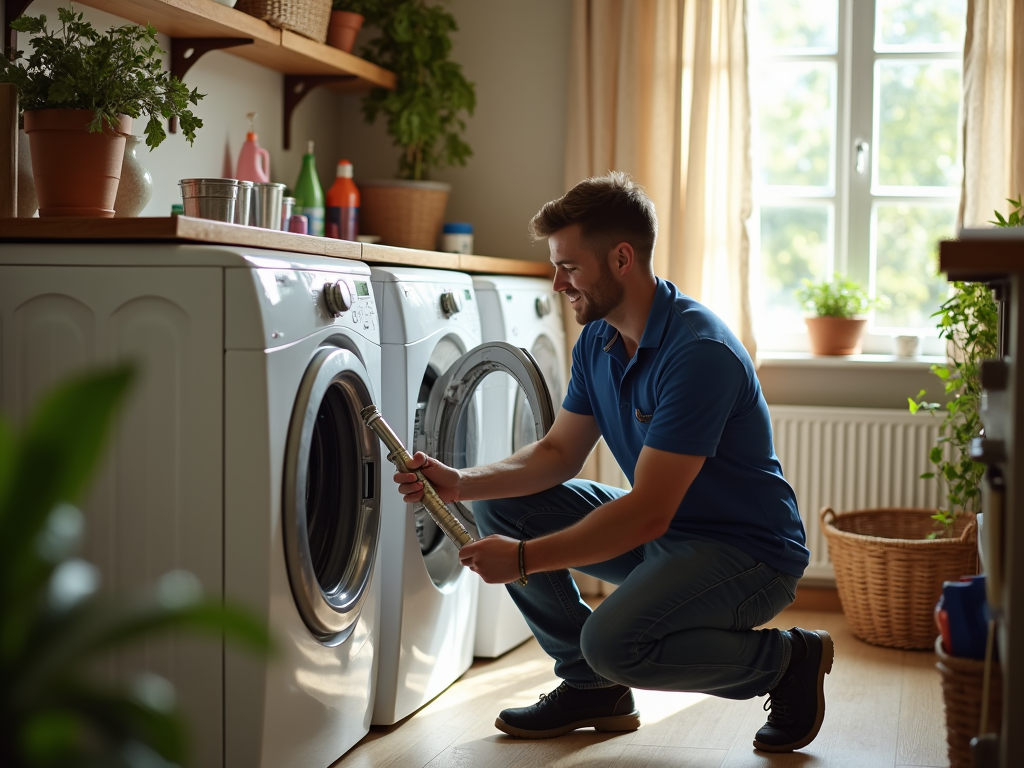 Man repairing washing machine in a sunny home laundry room.