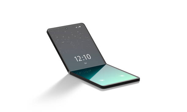 A sleek, modern foldable phone partially unfolded, displaying the time on its flexible screen.