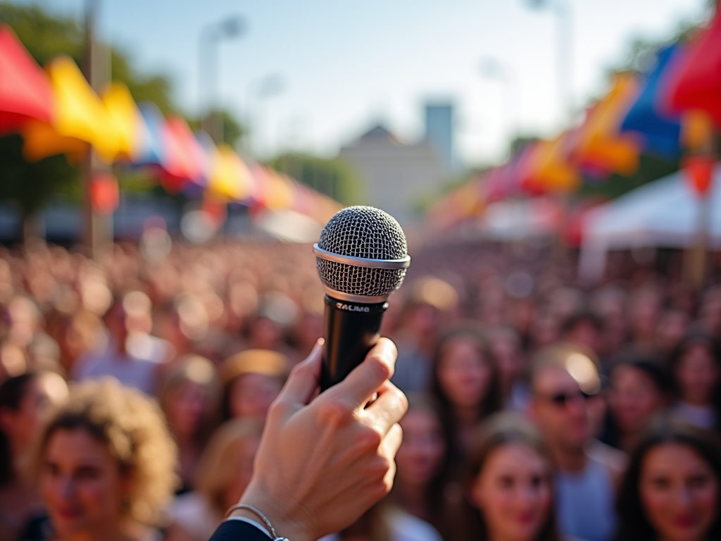 Close-up of a microphone held up at an outdoor festival with a blurred crowd in the background.