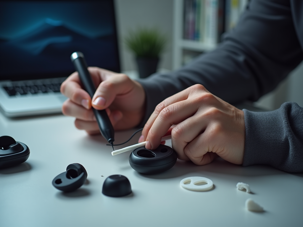 Person repairing earbuds with tools on desk, including a laptop displaying graphs.