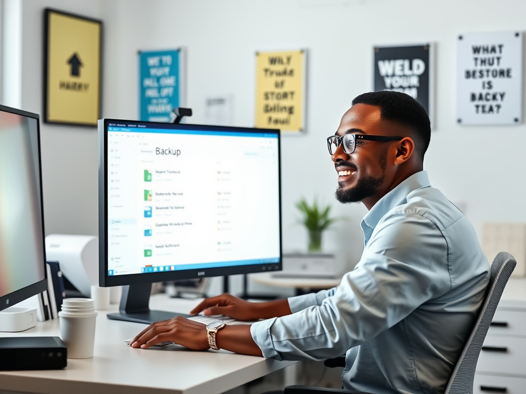 A smiling man wearing glasses works on a computer, viewing a backup file management interface in a modern office.