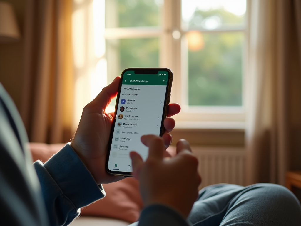 Person using a smartphone to check messages indoors by a window.