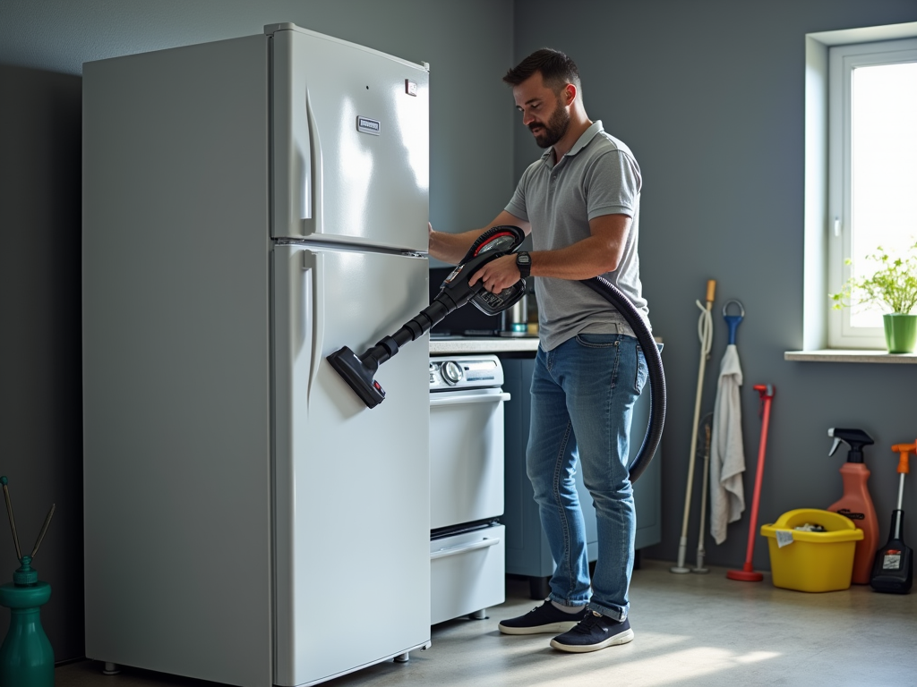 Man using a vacuum cleaner with an attachment to clean the side of a refrigerator in a kitchen.