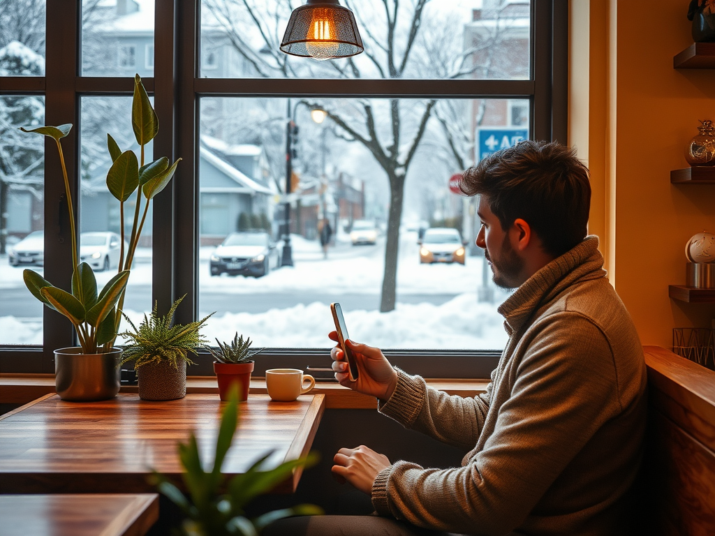 A man sits in a café, looking at his phone, with snow falling outside the window and plants on the table.