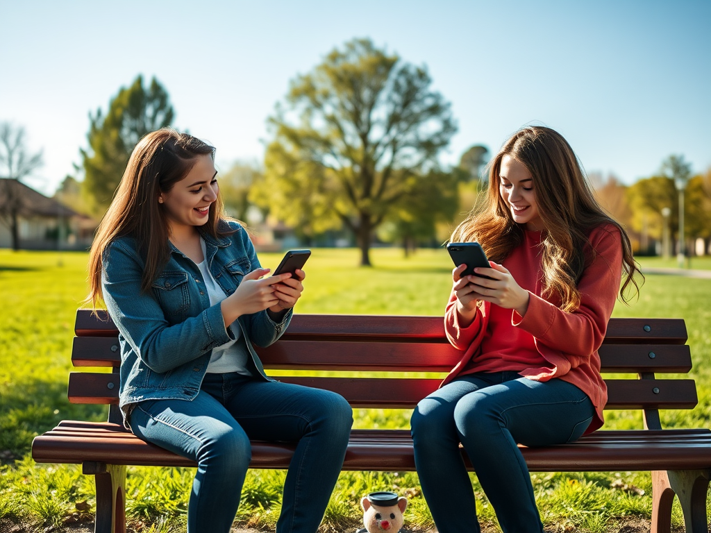 Two young women sit on a bench in a park, both happily using their phones on a sunny day.