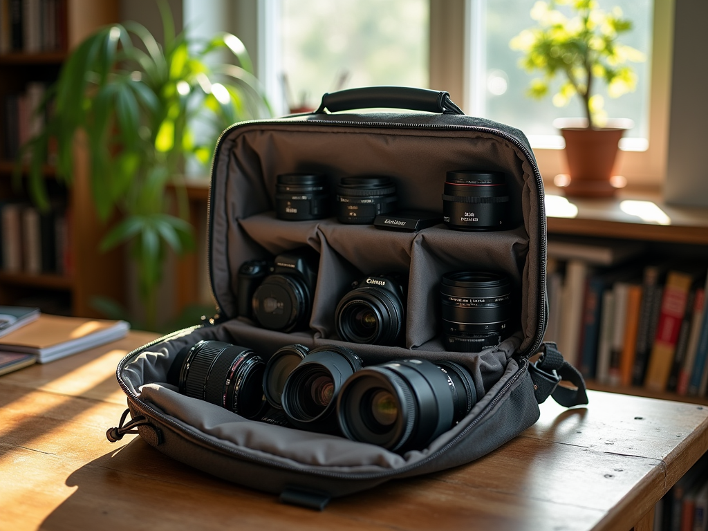 Camera bag open on a table, filled with various lenses and two cameras, in a sunlit room with books.