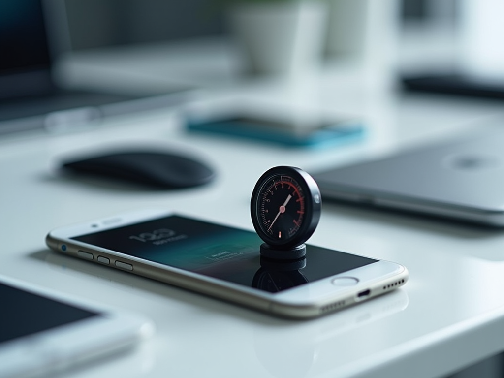 Smartwatch on a smartphone with laptops in a modern office setup.