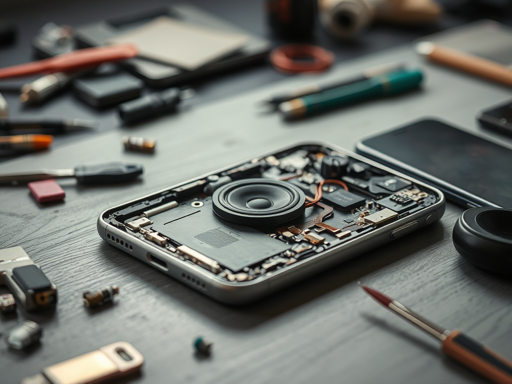 A disassembled smartphone on a wooden surface surrounded by various tools and electronic components.