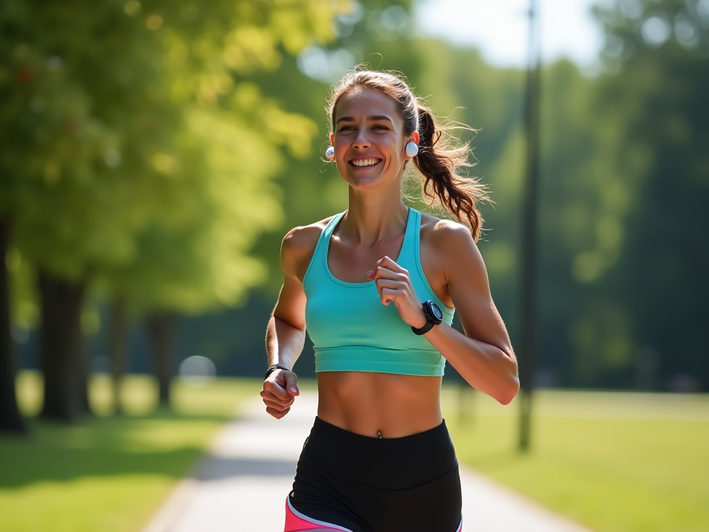 Happy young woman jogging in a sunny park, wearing a turquoise tank top and black shorts.