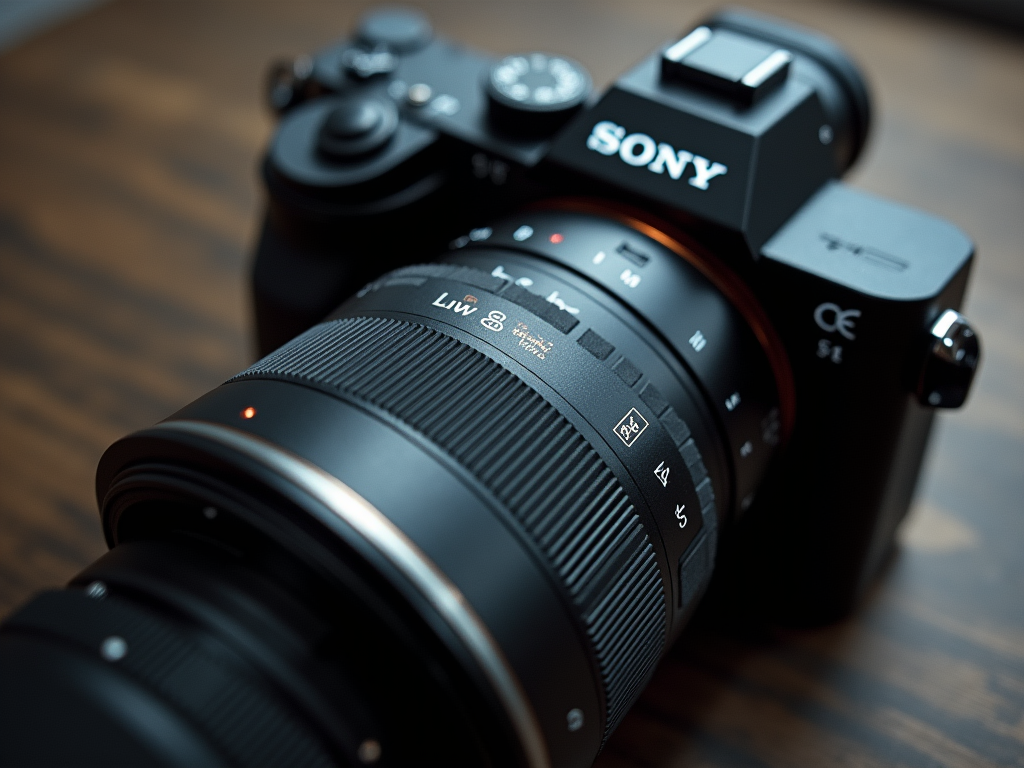 Close-up of a Sony camera with lens on a wooden surface.