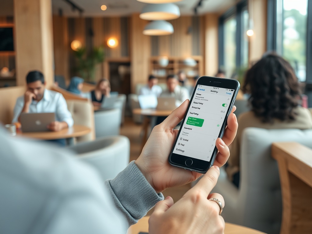 A person holds a smartphone displaying a mobile app, with a cafe setting and other patrons in the background.