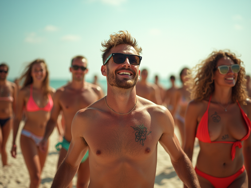 Group of joyful friends walking on the beach on a sunny day.