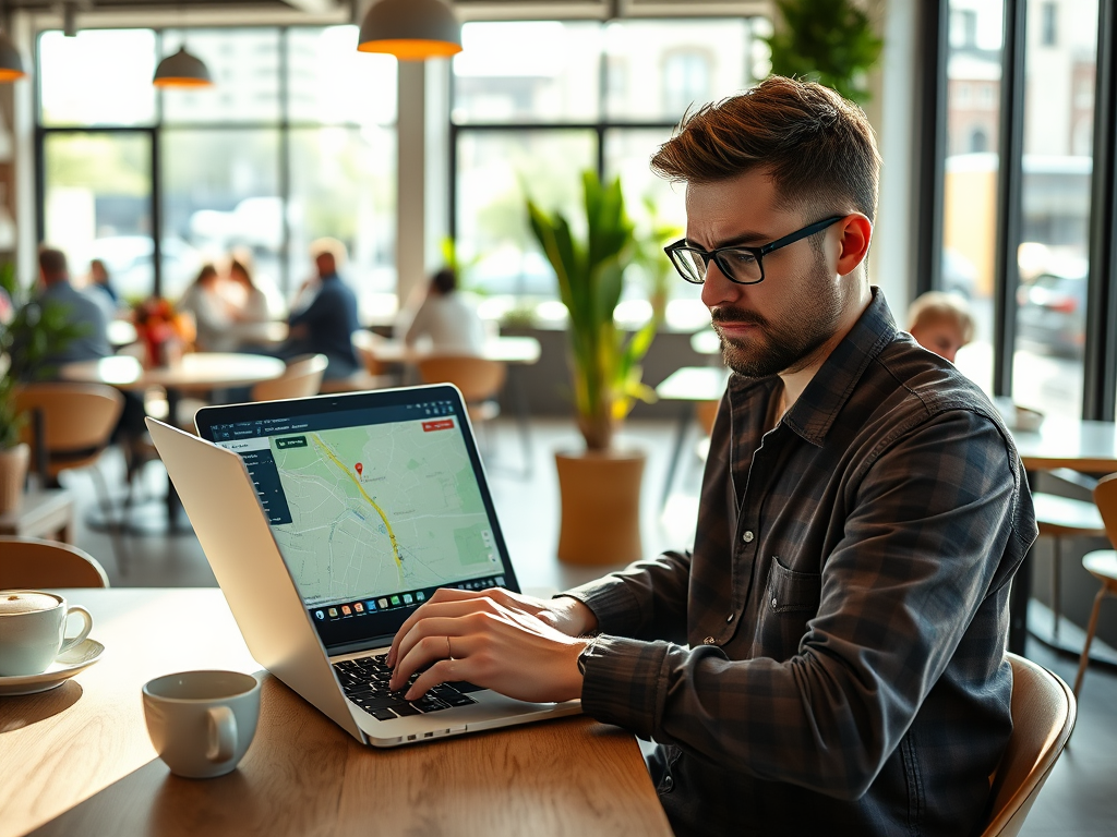 A focused man works on a laptop in a café, looking at a map on the screen, with coffee cups on the table.