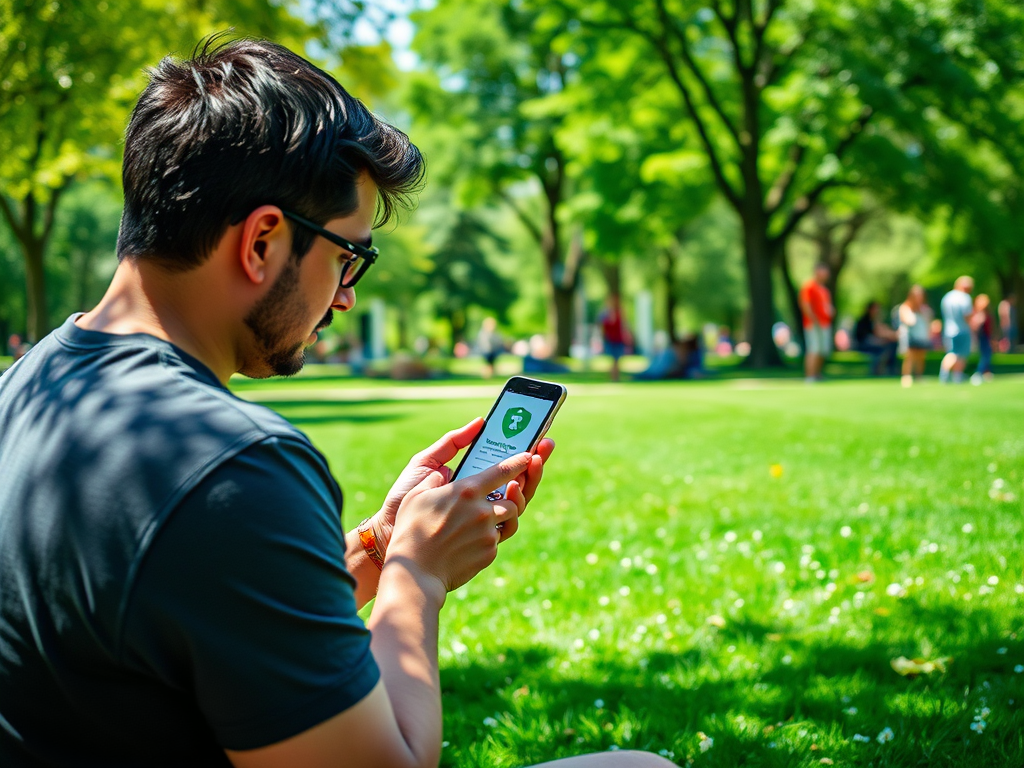 A man sits on the grass in a park, using a smartphone, surrounded by trees and people enjoying the outdoors.