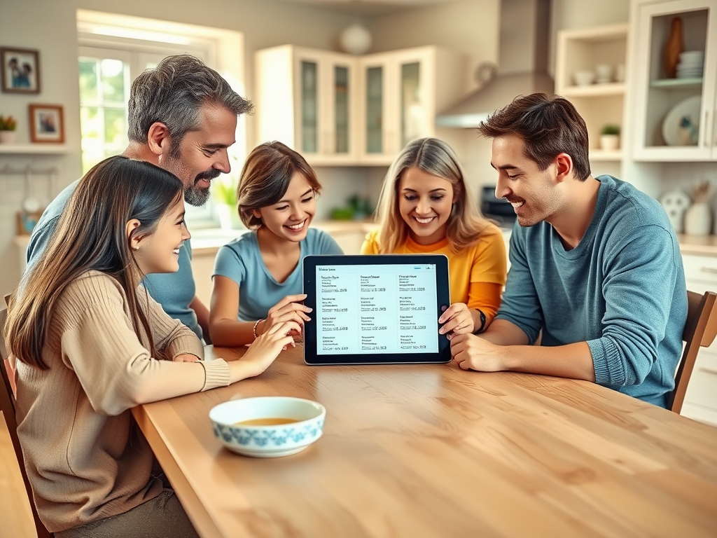A happy group of five people gathers around a tablet on a kitchen table, sharing and smiling together.