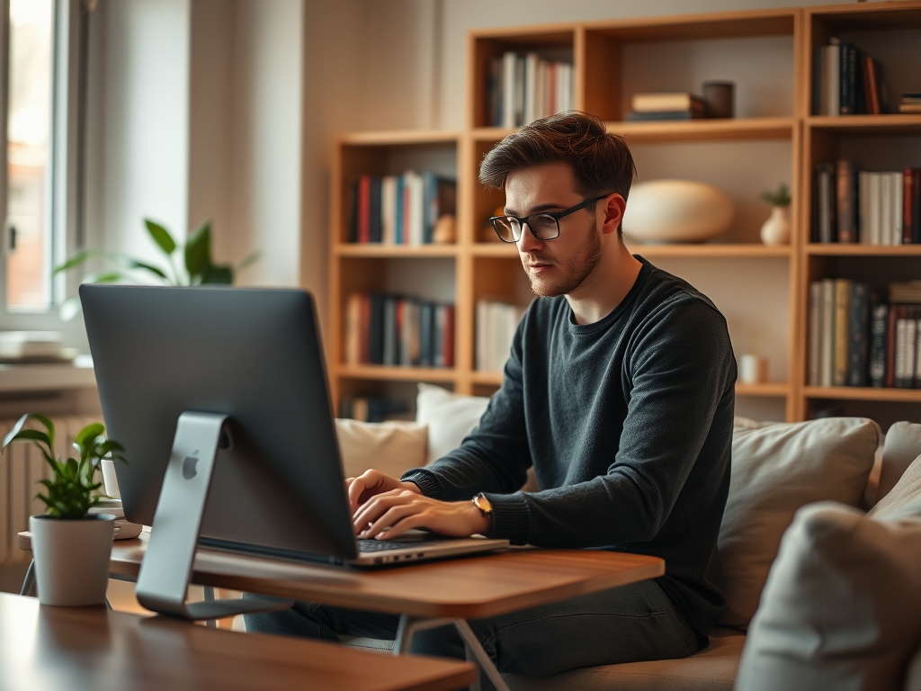A young man works on a computer in a cozy room filled with books and plants, focused on his task.