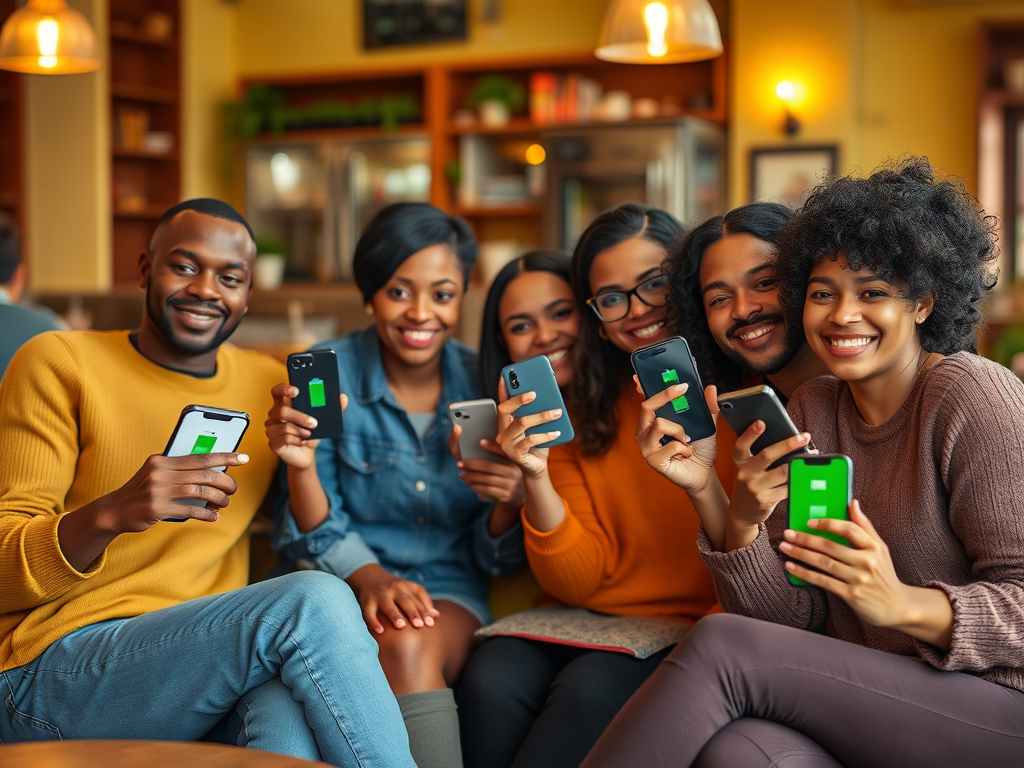 A diverse group of six friends smiling and holding smartphones, showcasing battery icons, in a cozy café setting.