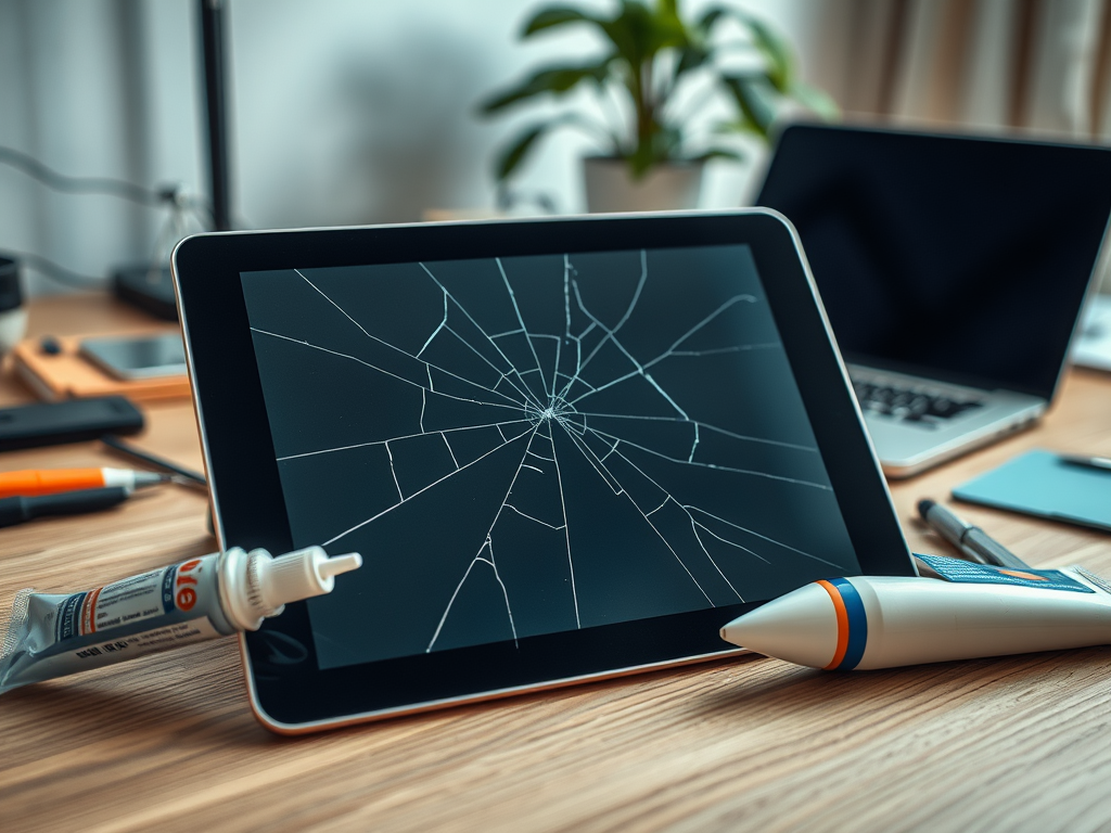 A cracked tablet screen positioned on a desk with tools and a laptop in the background.