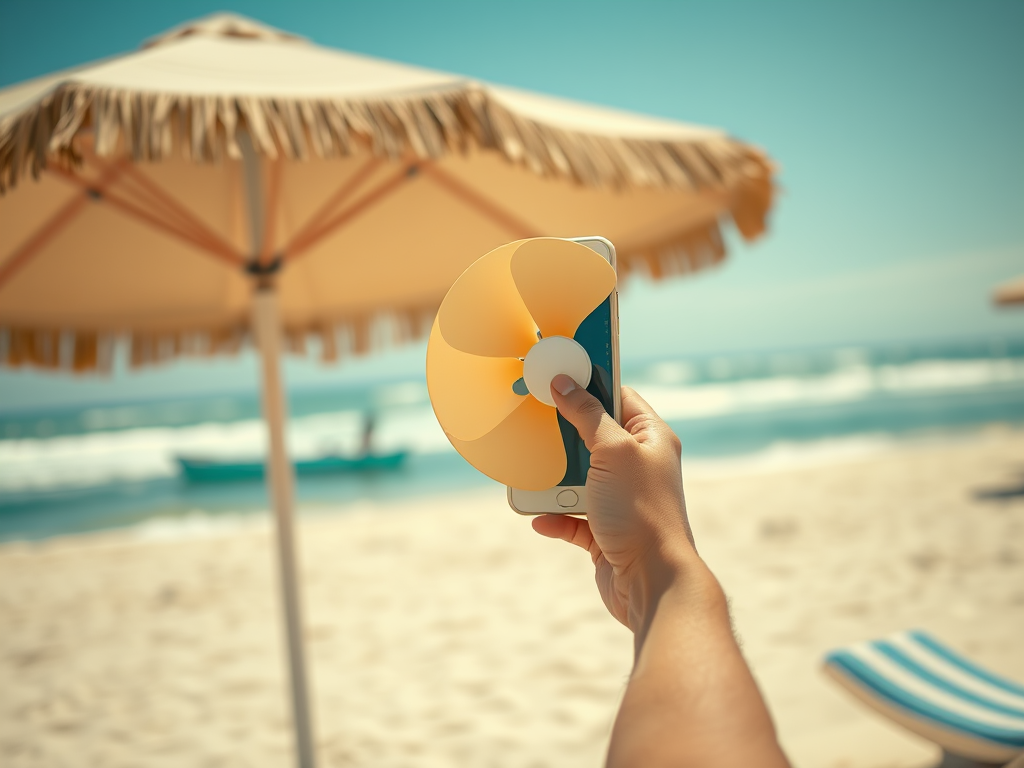 A person holds a phone with a small fan attachment, beach umbrella, and ocean in the background.