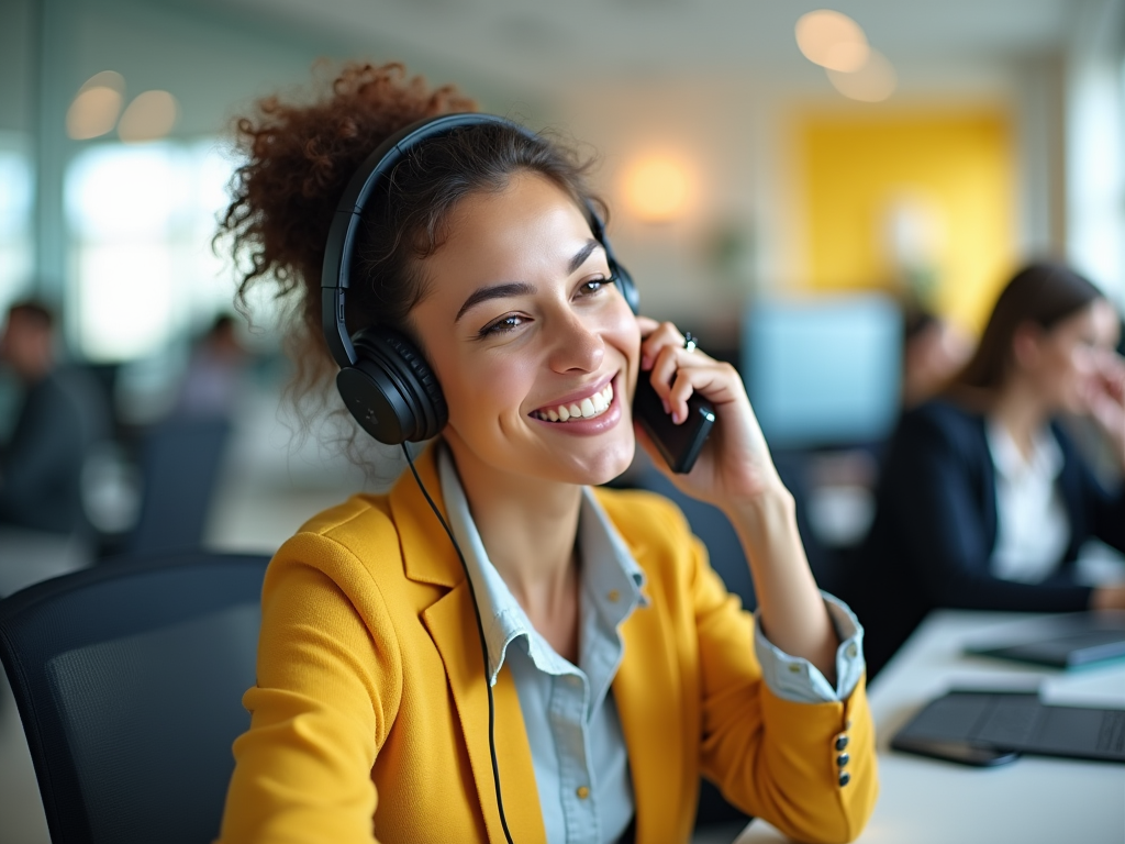 Smiling woman in a yellow blazer using headphones and holding a phone in an office setting.