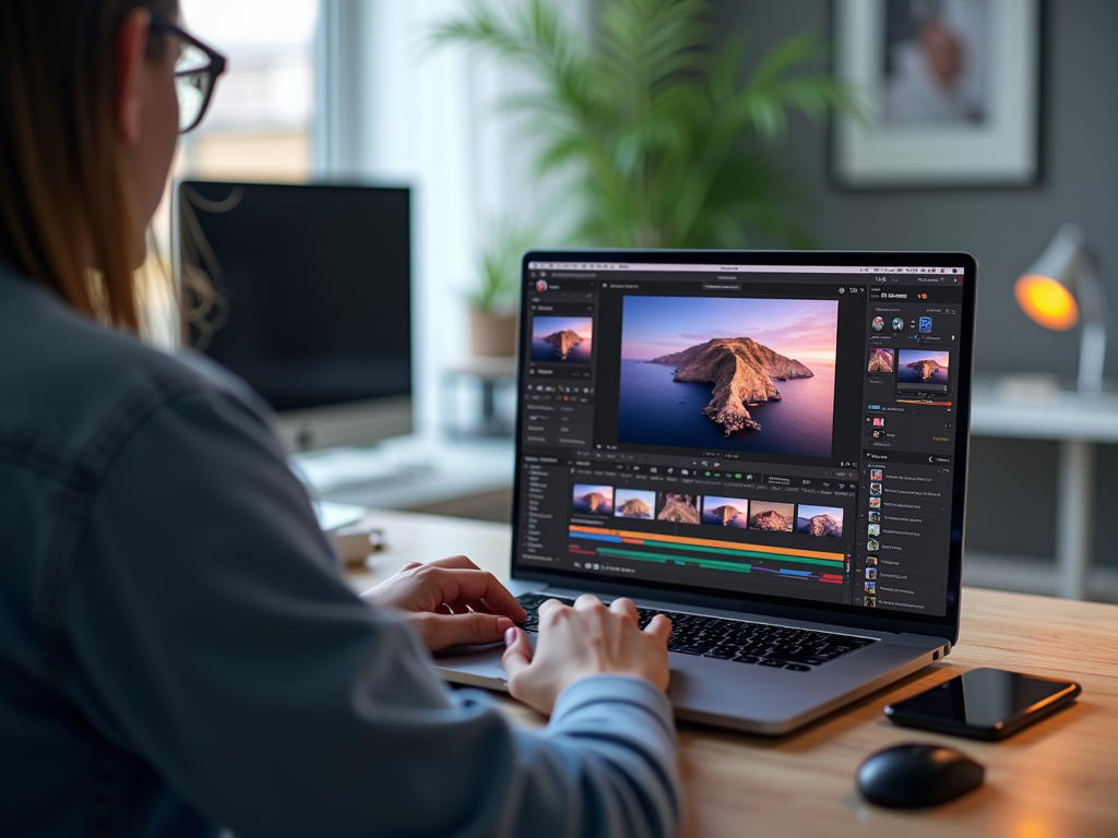 Woman editing a scenic photo of a coastline on her computer in a well-lit office.