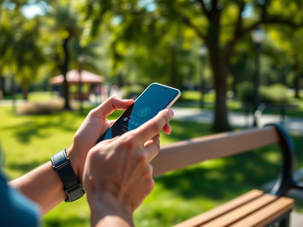 A person using a smartphone while sitting on a park bench, surrounded by greenery and soft sunlight.