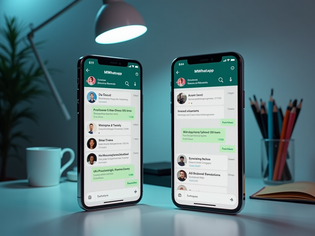 Two smartphones displaying a messaging app interface, set on a desk with a lamp and stationery.