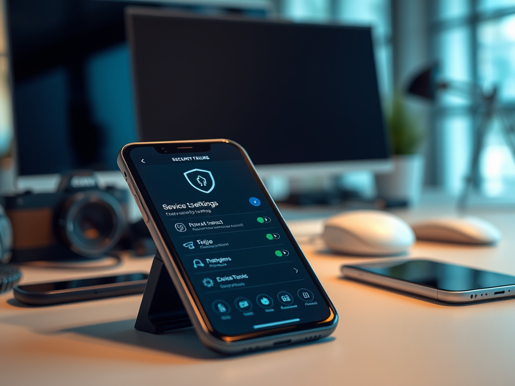 A smartphone displaying security settings on a desk, surrounded by a monitor, camera, and other tech items.