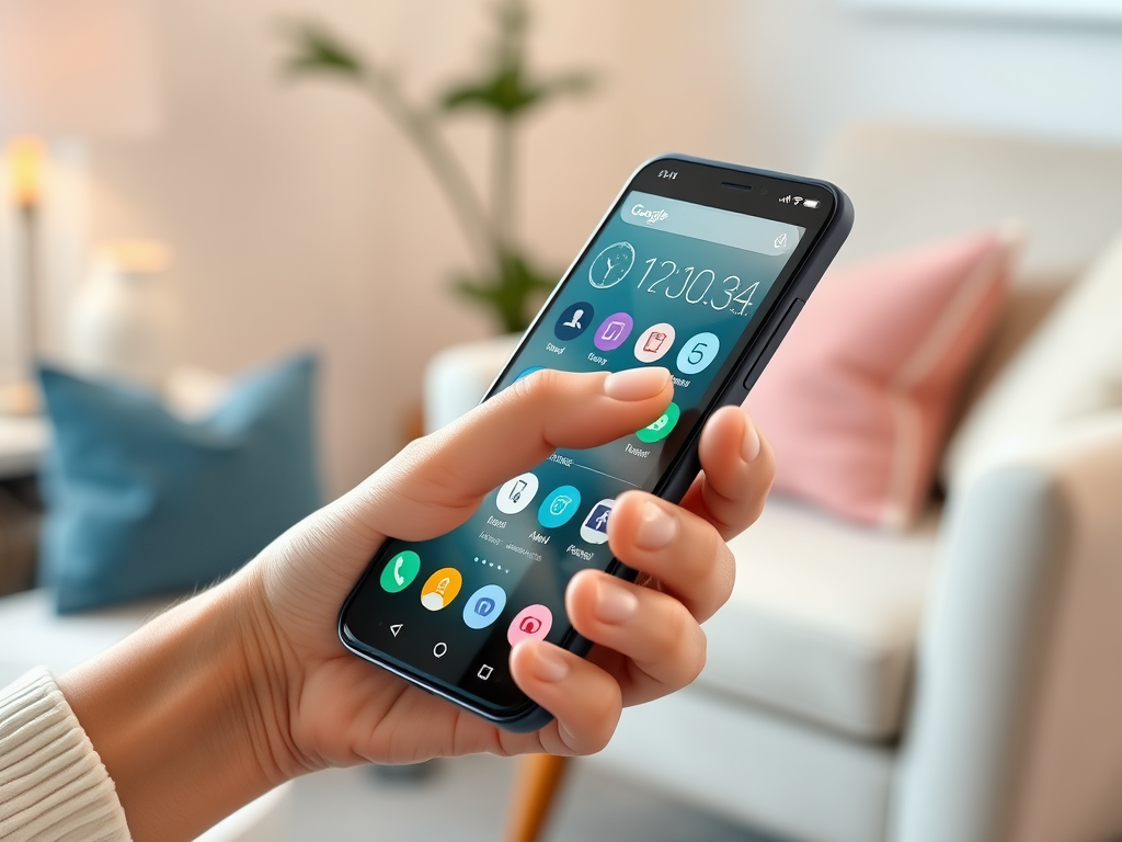 A hand holding a smartphone displaying a colorful home screen with various app icons and the time, in a cozy setting.