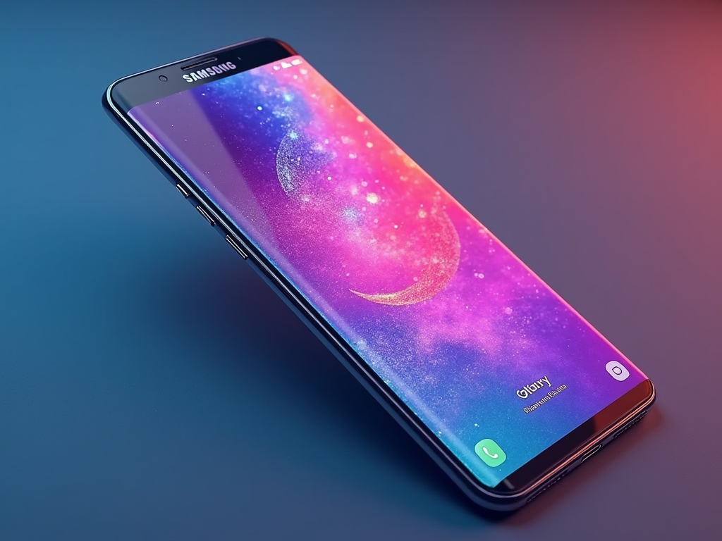 A Samsung smartphone displaying a vibrant galaxy wallpaper with a crescent moon and stars.