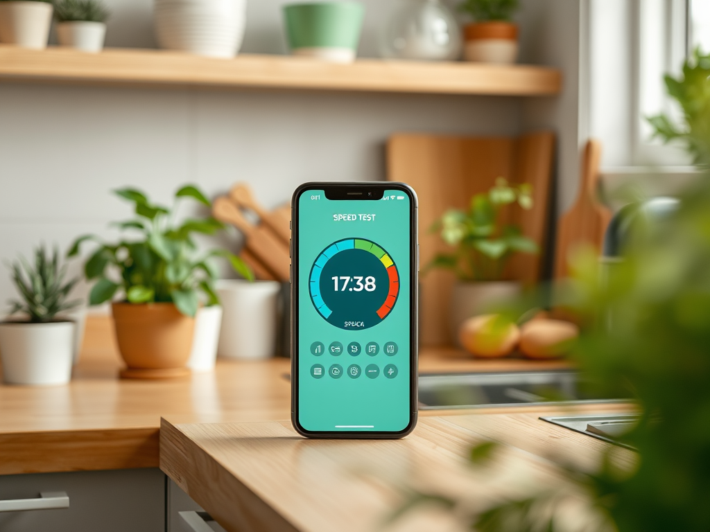 A smartphone displays a speed test result of 17.38 Mbps on a kitchen counter surrounded by plants.