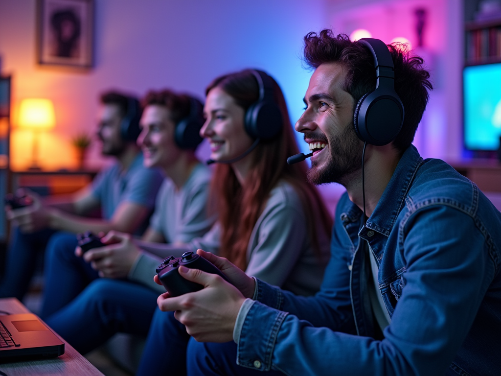 Four friends playing video games at night, in a room lit by neon lights, all wearing headsets and smiling.