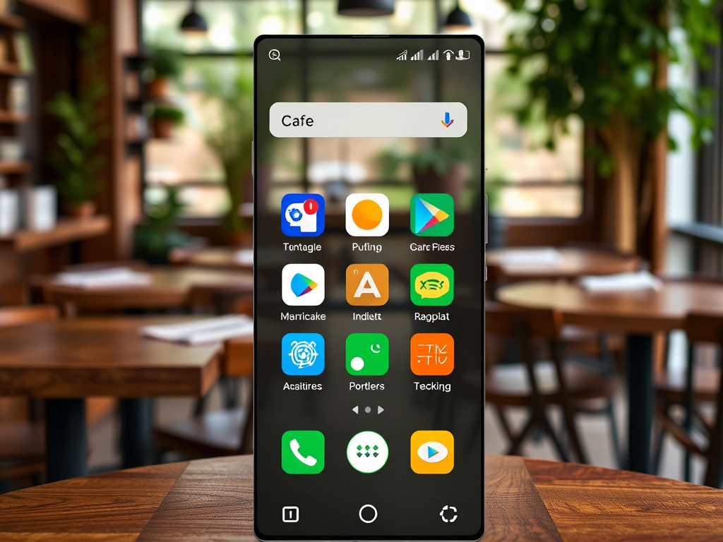 A smartphone displaying various apps on its home screen, with a cafe setting in the background.