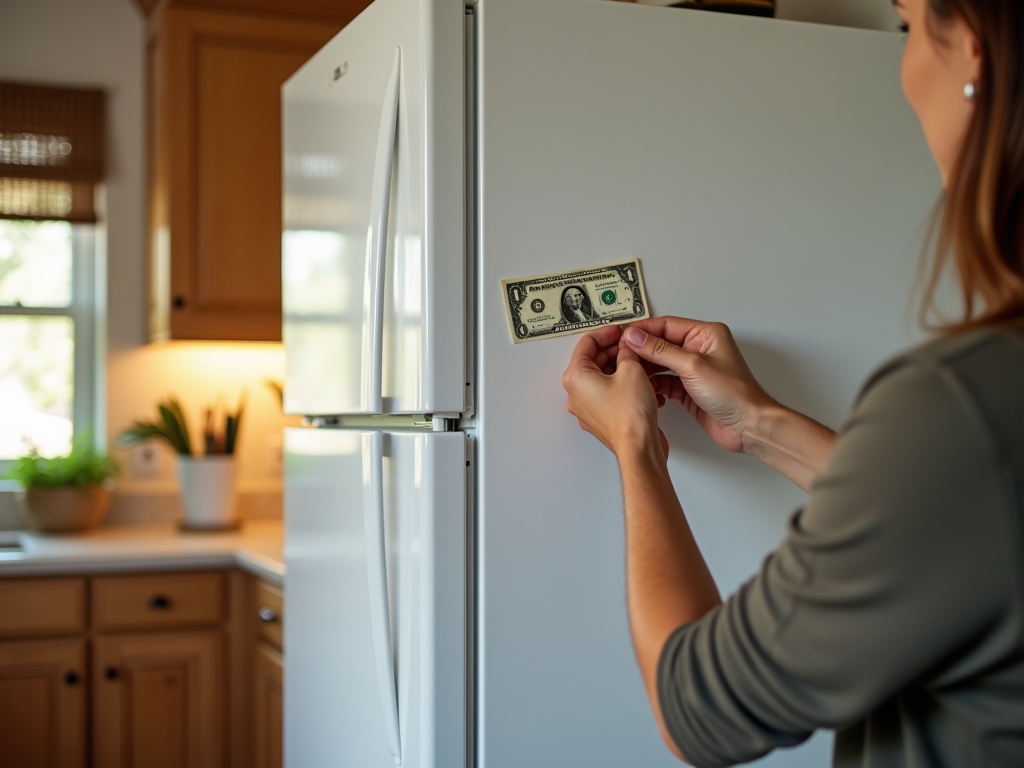 Woman putting a dollar bill on a fridge with a magnet in a kitchen.