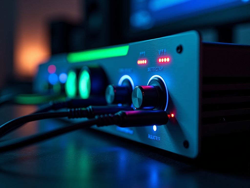 Close-up of a modern audio interface with glowing lights in a dimly lit room.